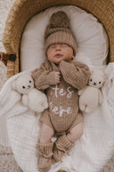 HE'S HERE TEXTURED BROWN ROMPER: 0000 NEWBORN