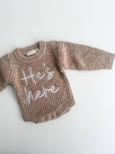 HE'S HERE TEXTURED BROWN ROMPER: 0000 NEWBORN