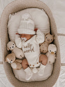 HELLO WORLD - CLASSIC BIRTH ANNOUNCEMENT ROMPER | MILK: 0000 NB